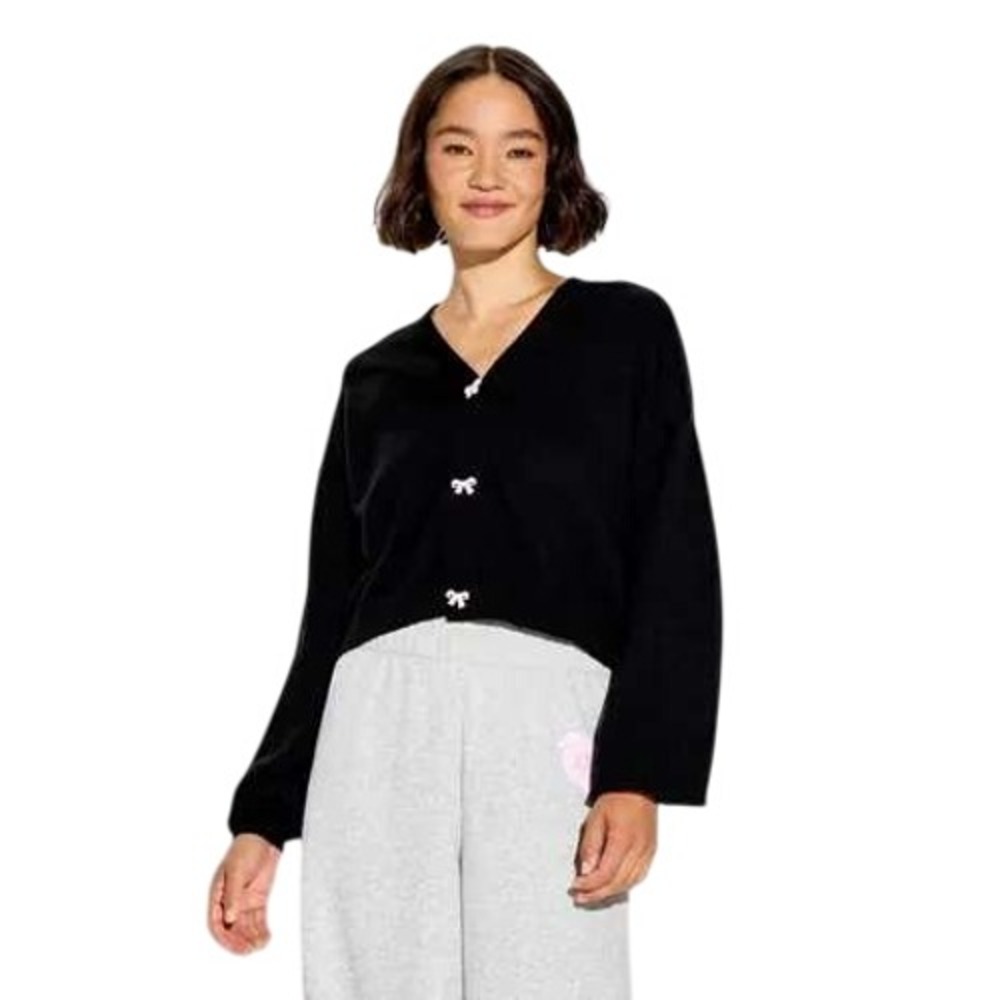 Diet Coke Women's Black Pink Bows V Neck Cropped Cardigan Sweater Size XXS